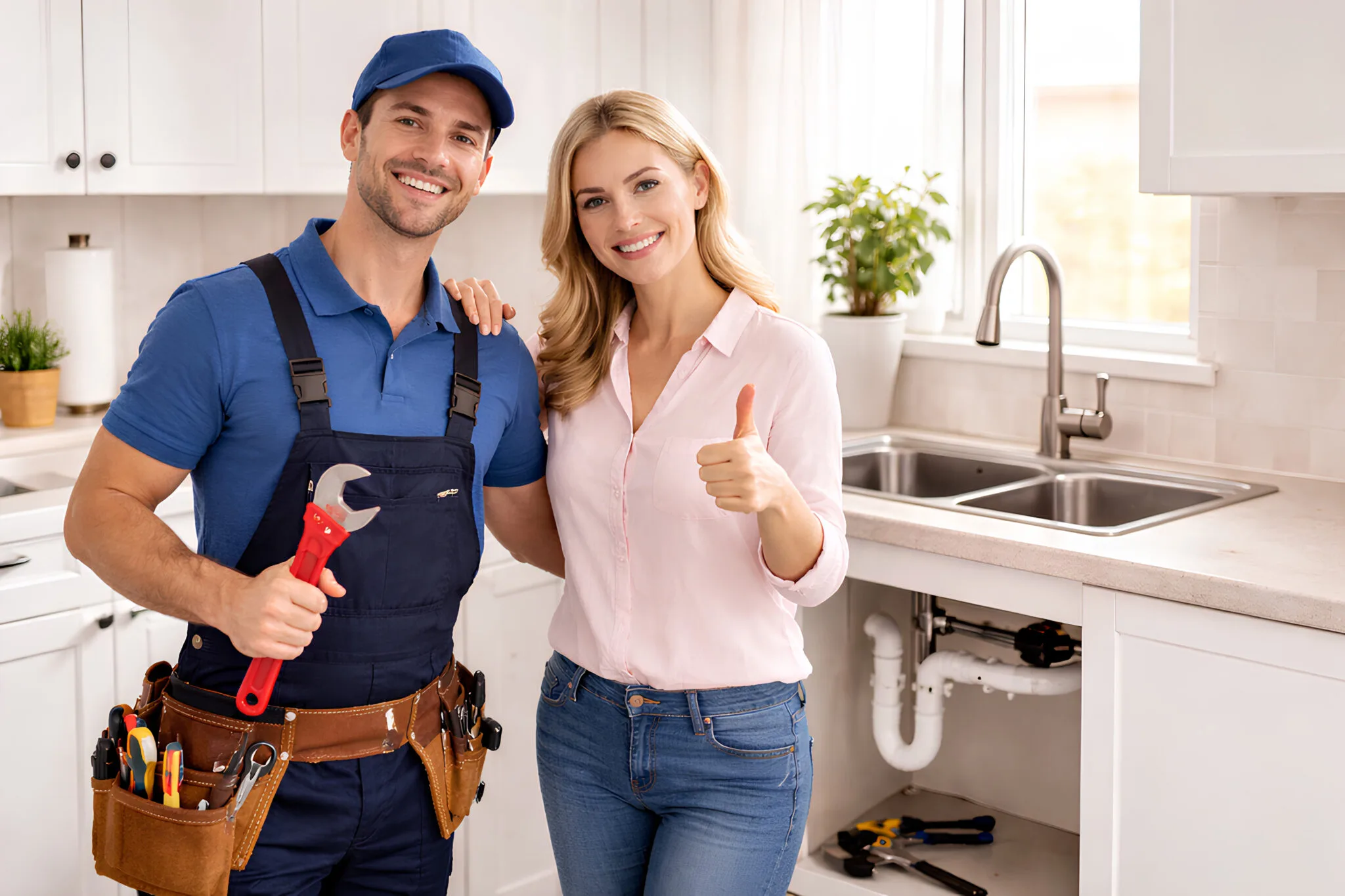 Satisfied customer giving thumbs up next to Magic Plumbing technician after a successful kitchen plumbing repair